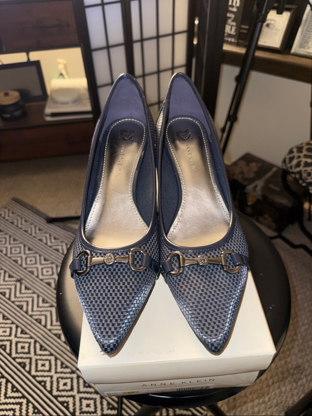 Anne Klein Blue Pointed Toe Kitten Heel Pumps with Metal Bit
